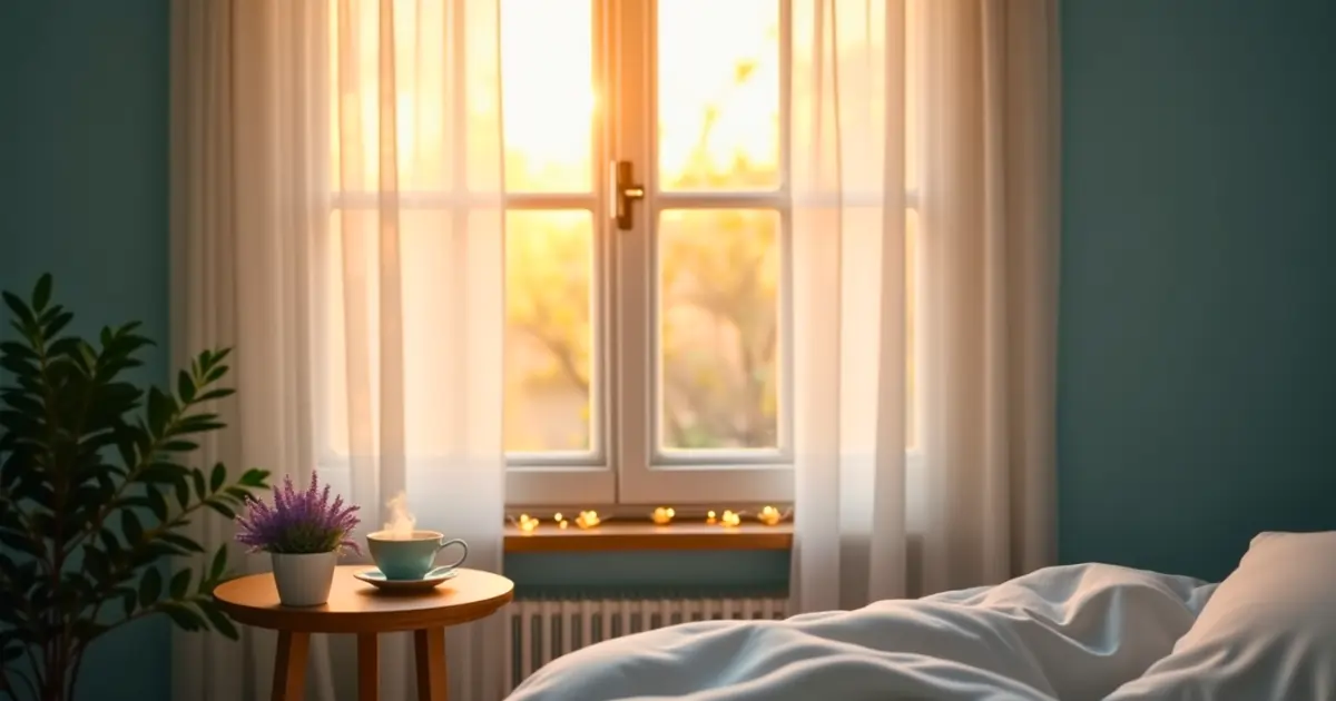 Morning, sunrise, white curtains, candles